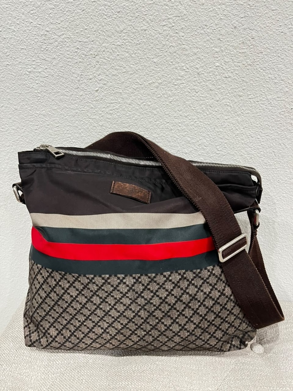 GUCCI BROWN NYLON DIAMANTE SHOULDER BAG.